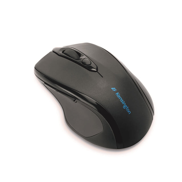 Kensington Pro Fit Wireless Mid Size Mouse in ergonomic design, featuring 2.4GHz tech, dedicated buttons, and spill resistance.