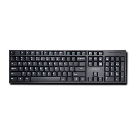 Kensington Pro Fit Low Profile Wireless Keyboard with sleek design, multimedia keys, and spill-proof durability for efficient typing.