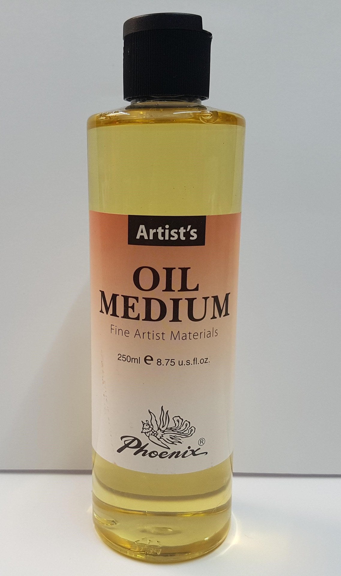 250ml bottle of PHOENIX LINSEED OIL, a refined oil for enhancing oil paints and artistic creations.