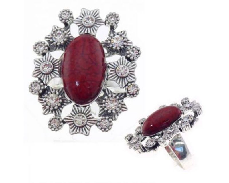 Set of 3 large oval dark red resin rings with diamante embellishments in sizes 7, 8, and 9 for a bold statement.