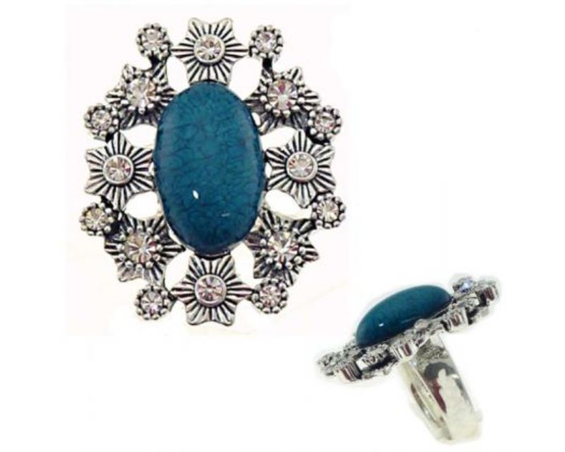 Set of three large oval rings featuring teal resin centers with sparkling diamante surrounds in sizes 7, 8, and 9.