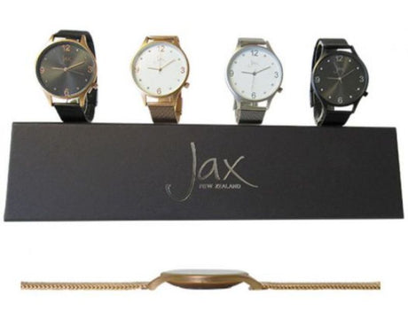Set of 4 Jax Diam Slim 40mm watches with diamante accents, stainless steel case, and mesh bands for elegant versatility.