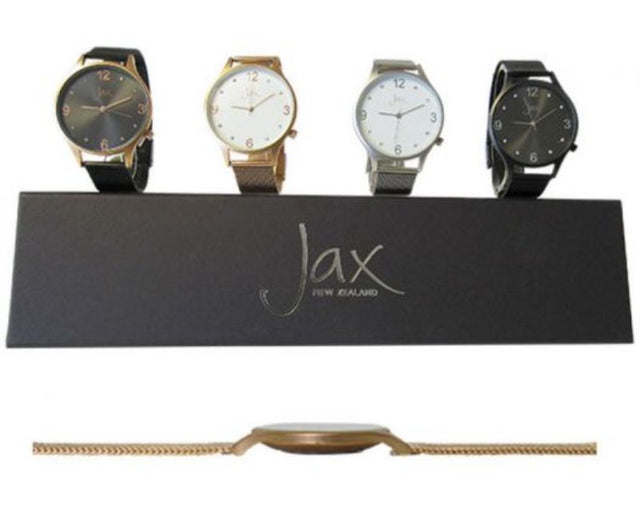 Set of 4 Jax Diam Slim 40mm watches with diamante accents, stainless steel case, and mesh bands for elegant versatility.