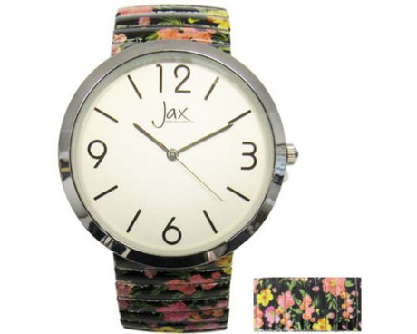 Elegant Jax Red Rose Expand Watch with 40 mm case, floral strap, and precision Japanese movement for stylish reliability.