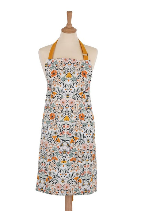 Ulster Weavers Cotton Apron Bee Bloom featuring vibrant bee and floral print, made from eco-friendly materials.