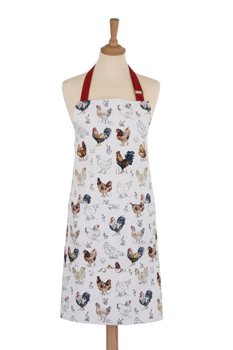 Cotton apron featuring colorful farm bird illustrations, adjustable straps, and eco-friendly materials for stylish cooking.