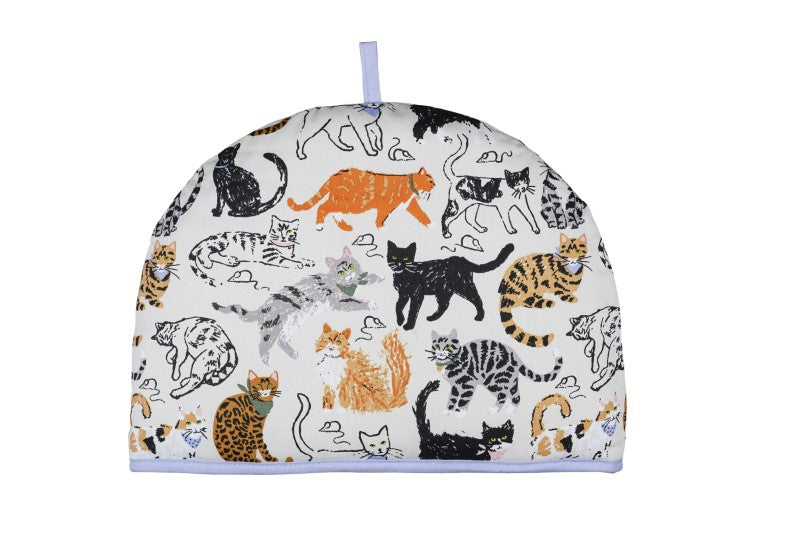 Colorful cotton tea cosy featuring whimsical cat illustrations and playful mice, perfect for cat lovers and sustainable kitchenware.