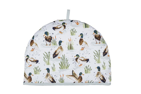 Charming Ulster Weavers Cotton Tea Cosy featuring hand-painted Farmhouse Ducks on a sage green background.