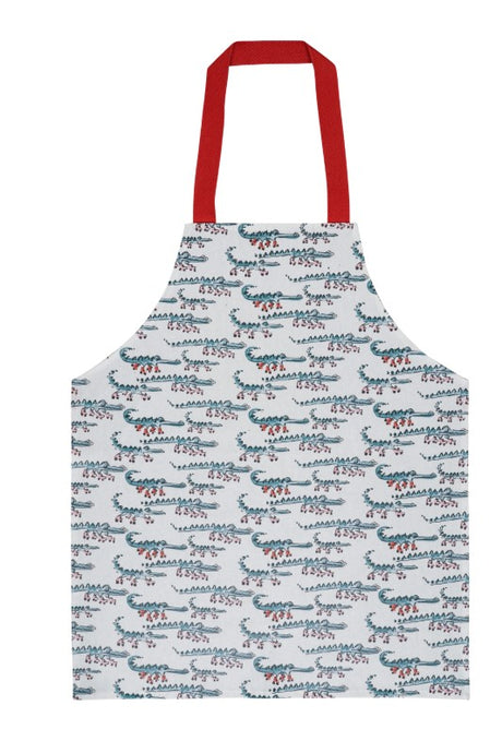 Colorful PVC child's apron featuring playful alligators on roller skates, perfect for arts, crafts, and messy play.