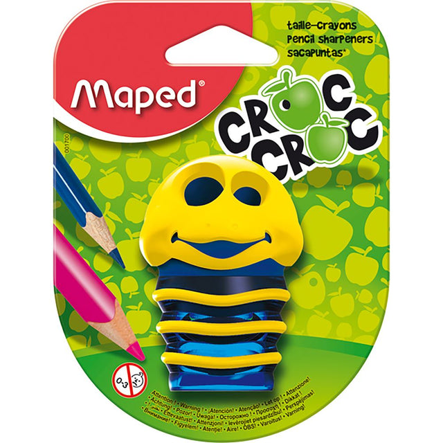 Vibrant Maped Croc Croc 2-Hole sharpener with expandable canister, perfect for all pencil sizes and mess-free sharpening.