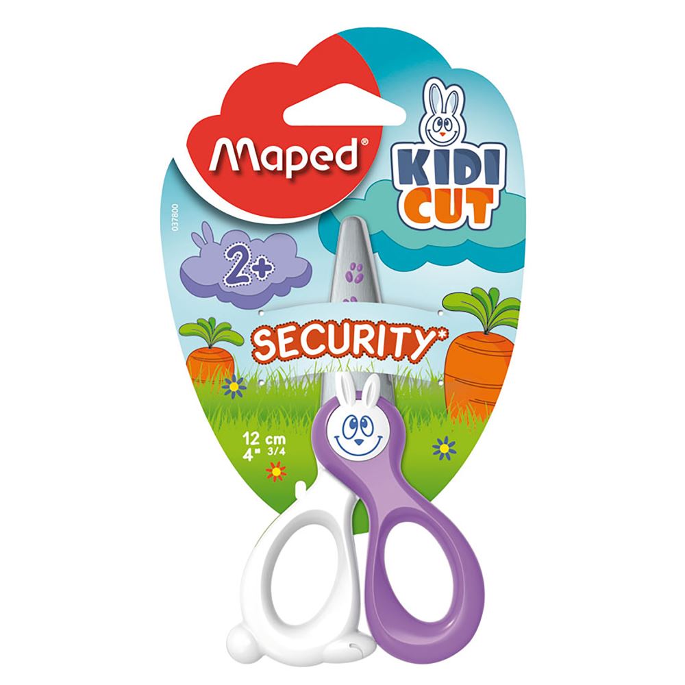 Maped Kidicut Safety Scissor 12cm for kids, featuring fibreglass blades for safe cutting without injuring skin or fabric.