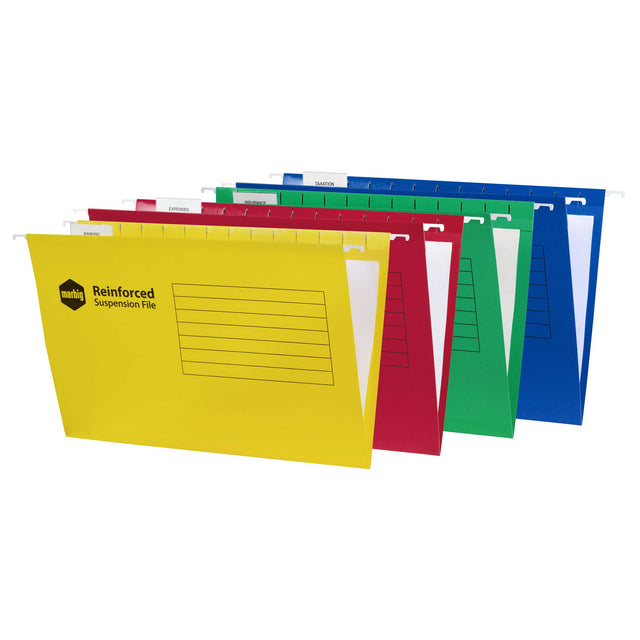 Marbig reinforced suspension files in assorted colors, designed for storing heavy documents with smooth gliding runners.