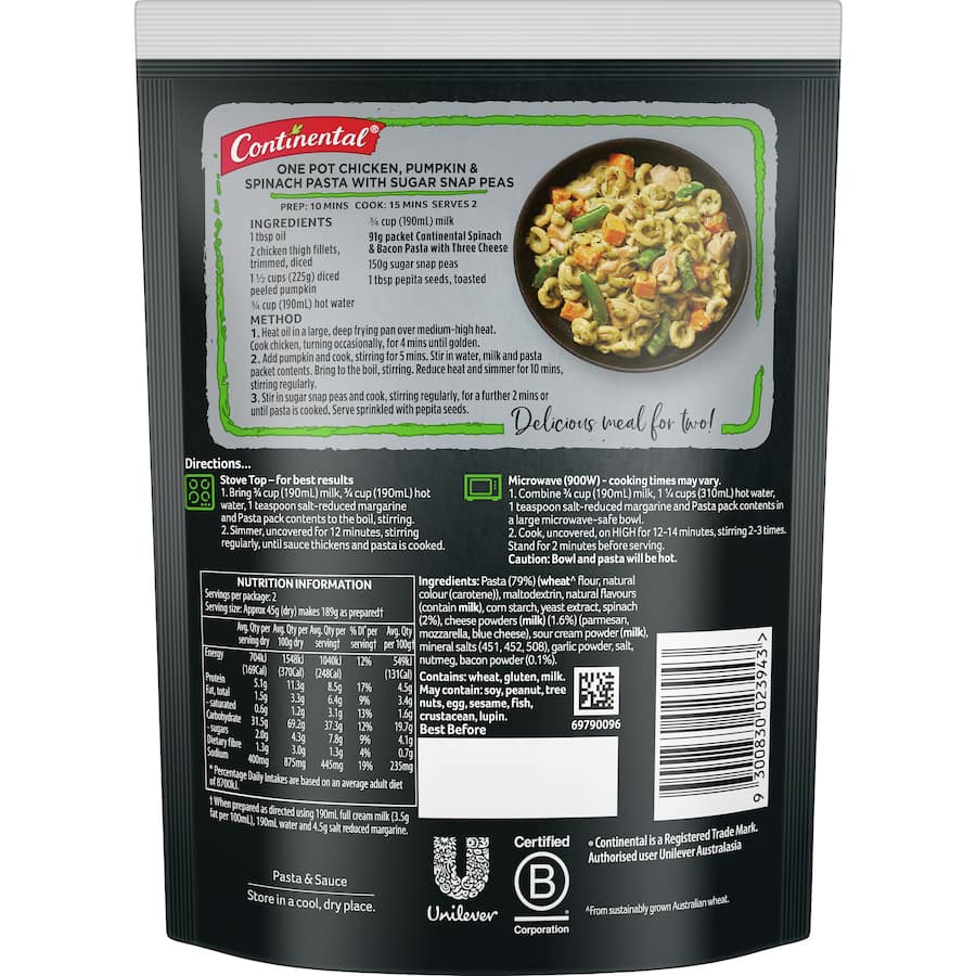 Continental Sensations Pasta & Sauce Spinach Bacon & Three Cheese 91g