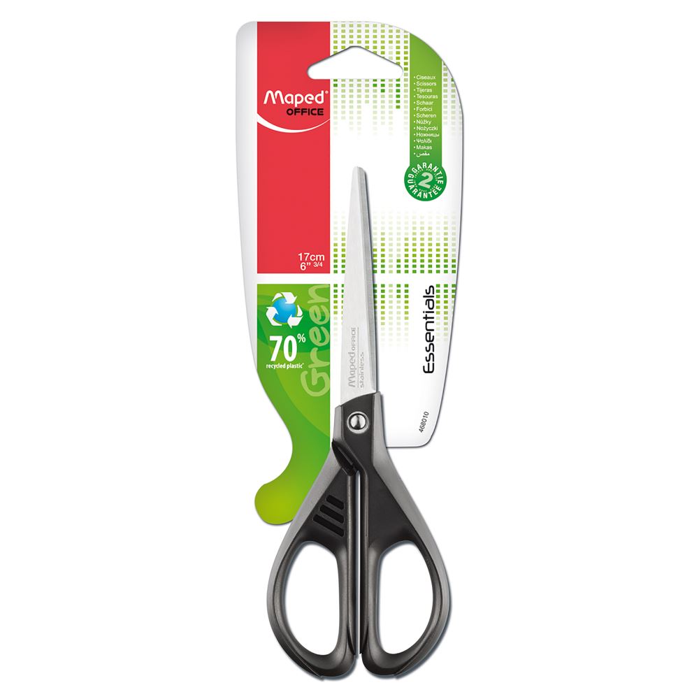 Maped Essentials 17cm green scissors with ergonomic handles and 70% recycled materials, ideal for all cutting tasks.