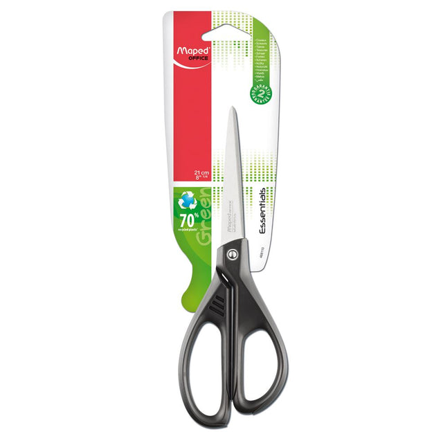 Maped Essentials Green Scissors 21cm with ergonomic handles, made from 70% recycled materials, ideal for cutting tasks.