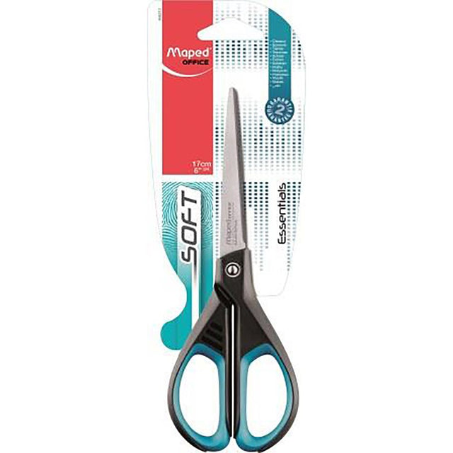 Maped Essentials Soft Scissors 17cm with ergonomic handles and stainless steel blades for comfortable cutting.