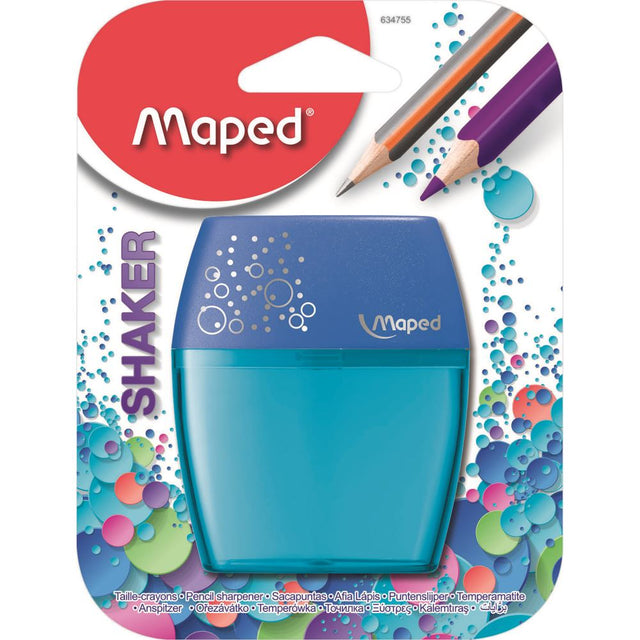 Maped Shaker Sharpener 2 Hole in vibrant colors, perfect for precise sharpening of standard and larger pencils.