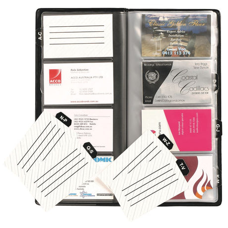 Marbig Business Card Holder in black, holds 96 cards, slim design, durable pages for professional networking.