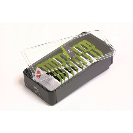 Sleek Marbig Business Card Filing Box with clear lid, holds 400 cards, A-Z dividers for easy organization and access.