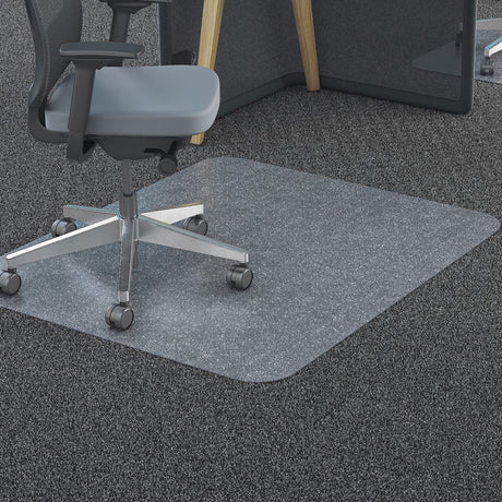 Marbig Chairmat protects carpet from wear with durable, recyclable polycarbonate; fire-resistant, smooth surface for easy chair movement.