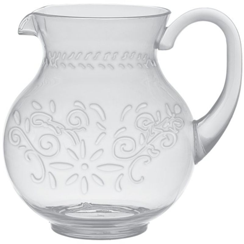 Clear floral pitcher jug with debossed finish, ideal for serving drinks at bohemian-style gatherings.
