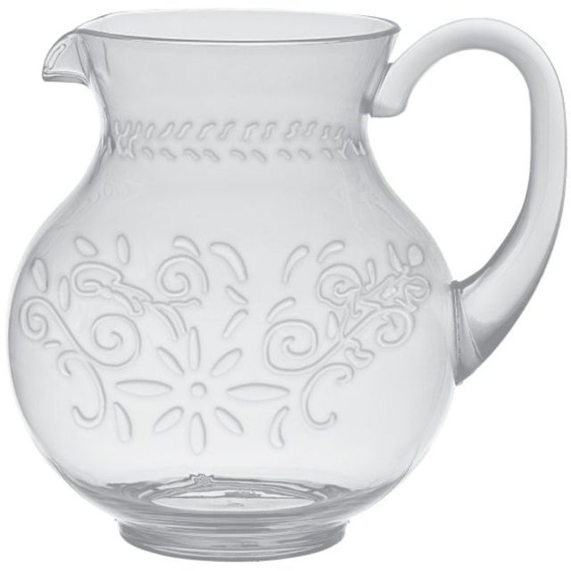 Clear floral pitcher jug with debossed finish, ideal for serving drinks at bohemian-style gatherings.