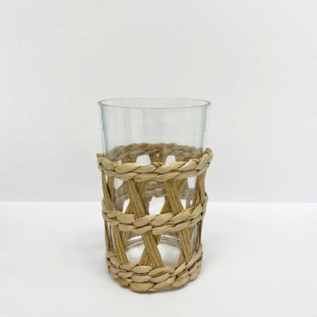 Clear 210ml tumbler with seagrass sleeve, eco-friendly design perfect for hot or cold drinks on-the-go.
