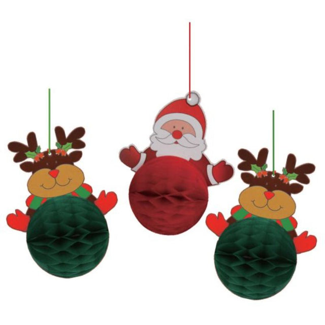 Set of 3 vibrant Santa & Reindeers honeycomb decorations for festive holiday parties, lightweight and easy to hang.