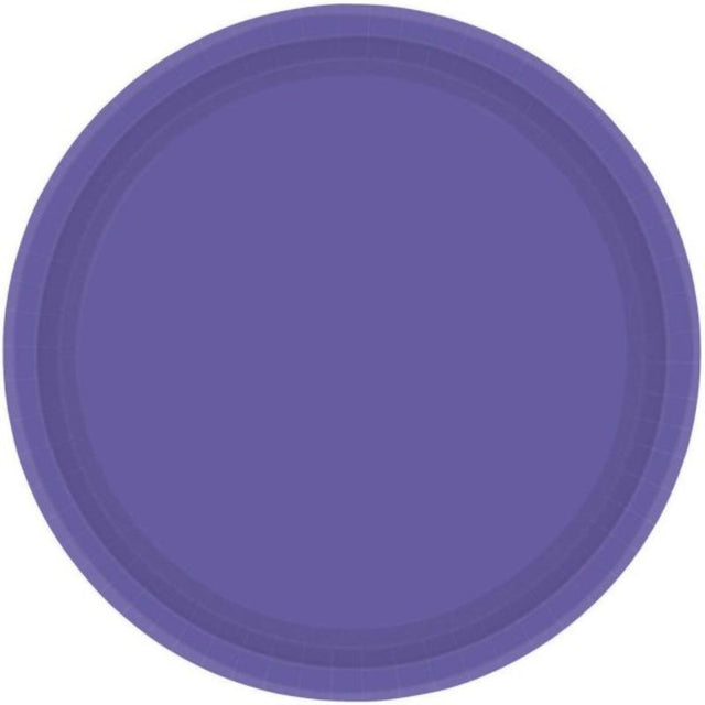 Set of 20 eco-friendly 17cm round paper plates in vibrant New Purple, perfect for stylish gatherings and sustainable dining.