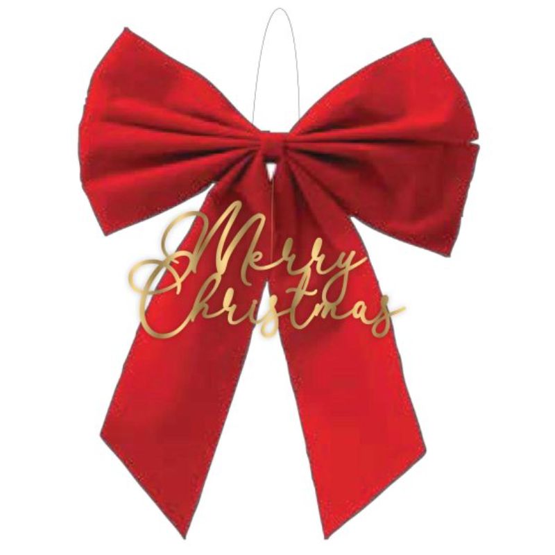 Vibrant red bow with 'Merry Christmas' message, perfect for festive decor on mantels, doors, or trees.