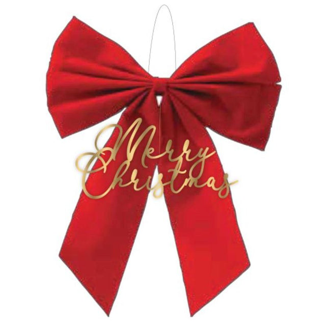 Vibrant red bow with 'Merry Christmas' message, perfect for festive decor on mantels, doors, or trees.