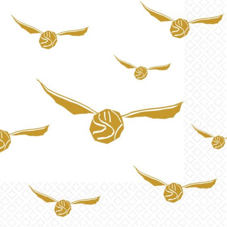 Set of 16 Harry Potter Snitch napkins, hot stamped with a magical golden design for themed gatherings.
