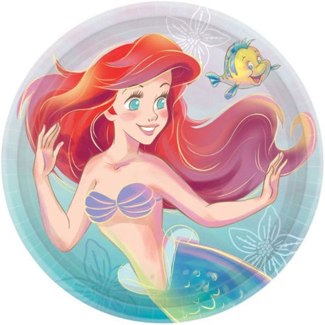Colorful 23cm Little Mermaid paper plates featuring Ariel and friends, perfect for themed parties and celebrations. Set of 8.
