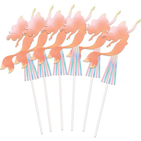 Set of 6 vibrant Little Mermaid wands perfect for imaginative play and themed parties, designed for young mermaid enthusiasts.