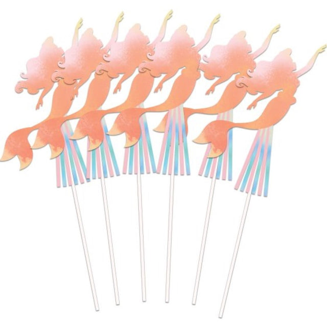 Set of 6 vibrant Little Mermaid wands perfect for imaginative play and themed parties, designed for young mermaid enthusiasts.
