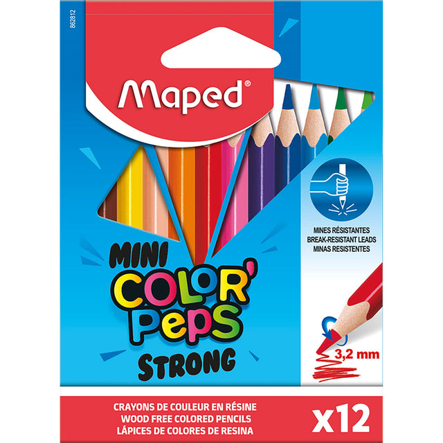 MAPED Strong Colour Pencils Mini Pack: 12 vibrant, eco-friendly colors in an easy-to-hold triangular design, 24 pack.