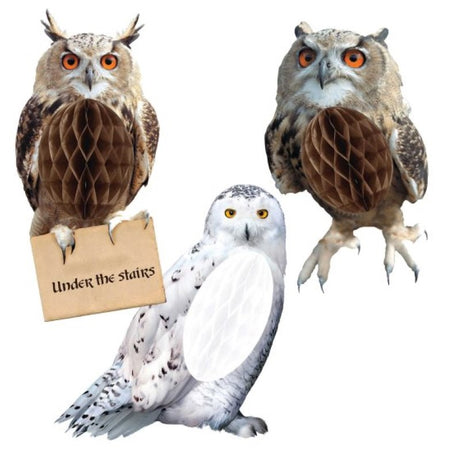 Set of 3 Harry Potter honeycomb owl decorations, colorful and whimsical for themed parties and home décor.