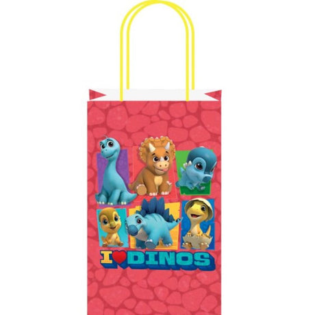 Set of 8 dinosaur-themed paper kraft bags, perfect for kids' parties, durable and eco-friendly, bright dino designs.
