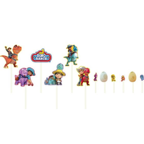 Set of 12 vibrant dino cake toppers for kids' birthday parties or dino-themed celebrations, adding joy and fun to desserts.