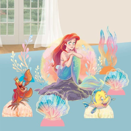 The Little Mermaid Table Decorating Kit featuring colorful Ariel-themed centerpieces and cutouts for vibrant parties.