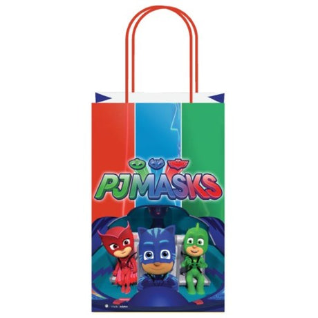 Colorful PJ Masks paper kraft bags featuring Catboy, Owlette, and Gekko, perfect for parties and gifts.