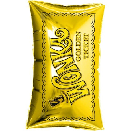 Super Shape Willy Wonka Golden Ticket balloon, 46cm x 92cm, self-sealing, perfect for whimsical birthday celebrations.