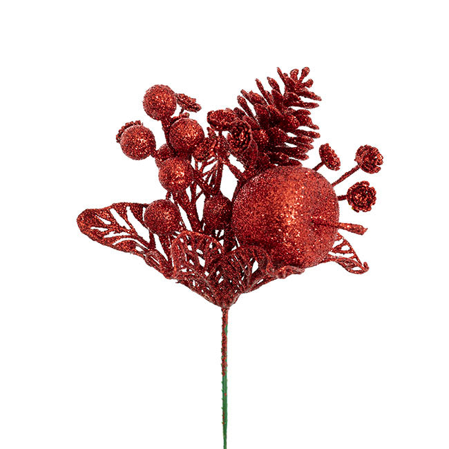 Apple Berries & Pinecone Christmas Pick Red