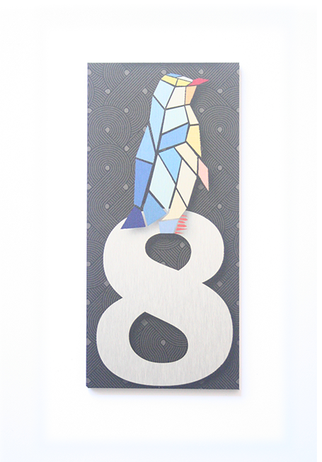 Stylish brushed silver house number '8', 70mm x 148mm, modern design with strong double-sided tape for easy installation.