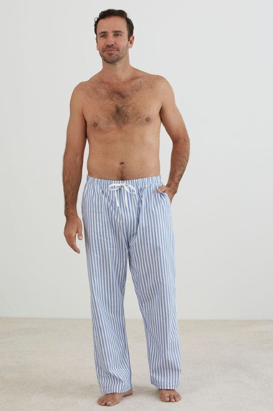 Comfortable blue and white striped pajama pants with elastic waistband and side pockets, made from 100% cotton.