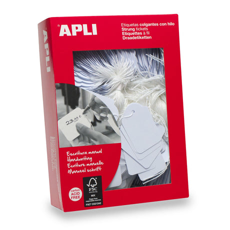 Apli Strung Tickets 9x24mm in a 1000 box, durable, acid-free cards for effective labeling and organization.