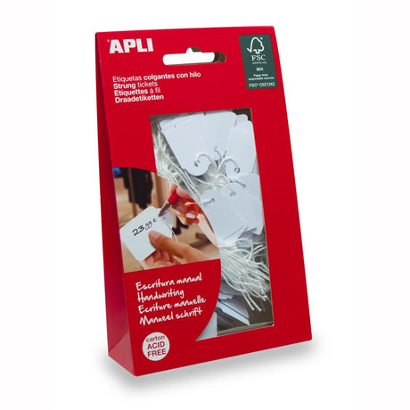 Pack of 100 Apli strung tickets in white, 22x35mm, durable, acid-free labels for pricing and organizing items.