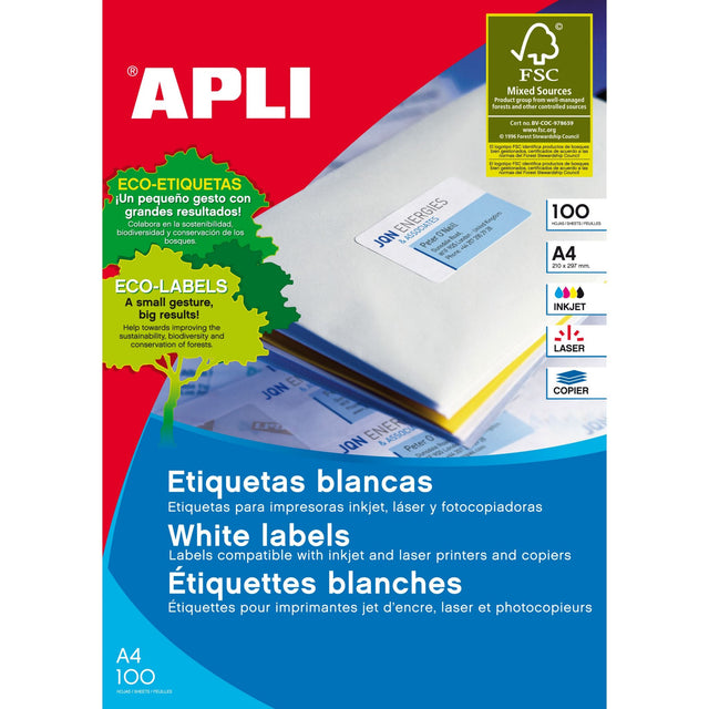 Apli Labels A4, 210x148mm, 100 sheets of versatile white labels for inkjet and laser printers, permanent adhesive.