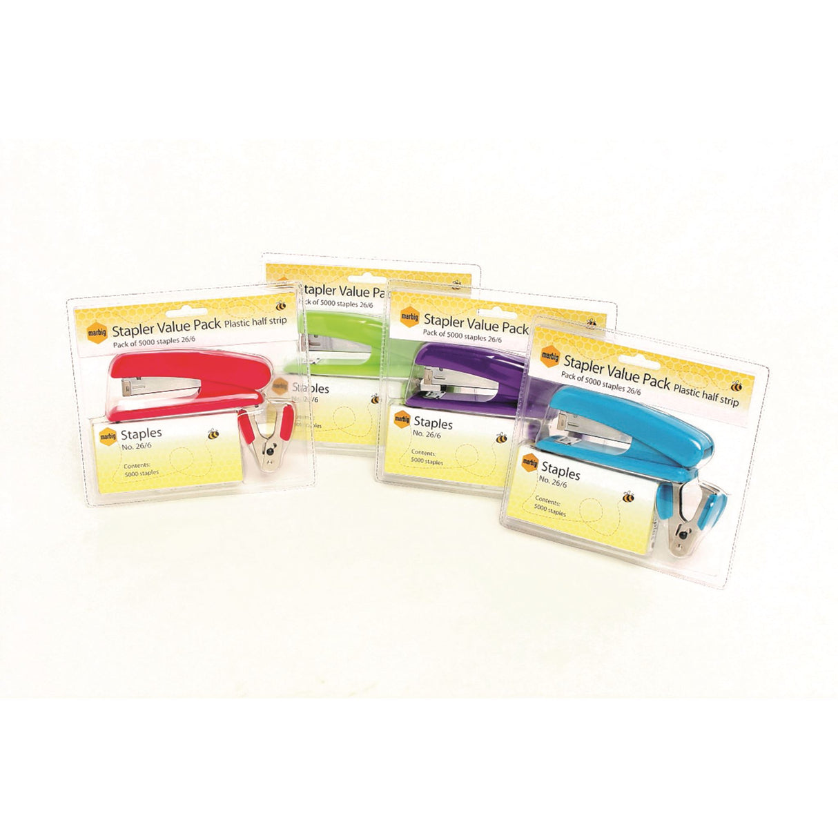 Marbig Stapler V/Pk Plastic Half Strip Asst