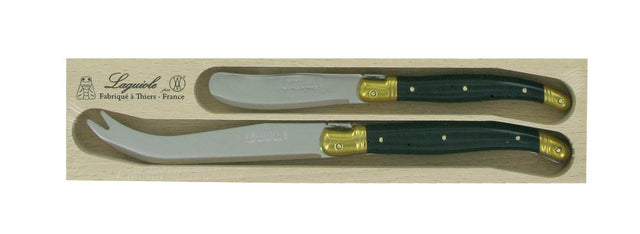 Two Piece Cheese Set with brass bolsters features stainless steel blades and iconic Laguiole Bee detail on resin handles.